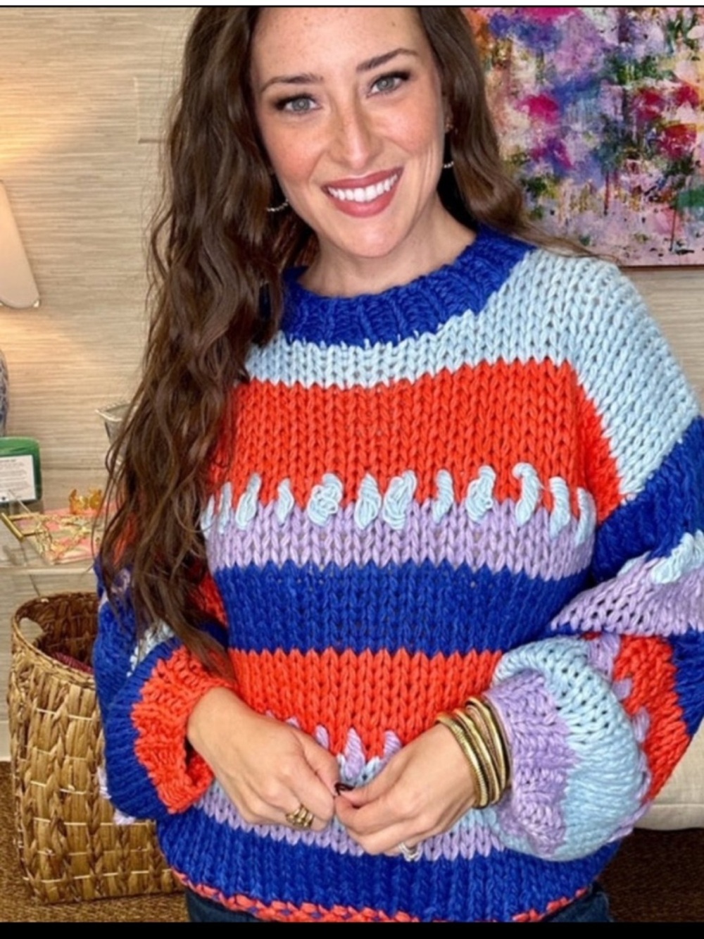 Chunky Colorblock Knit Listicle Sweater - Blue, Light Blue & Orange Terracotta